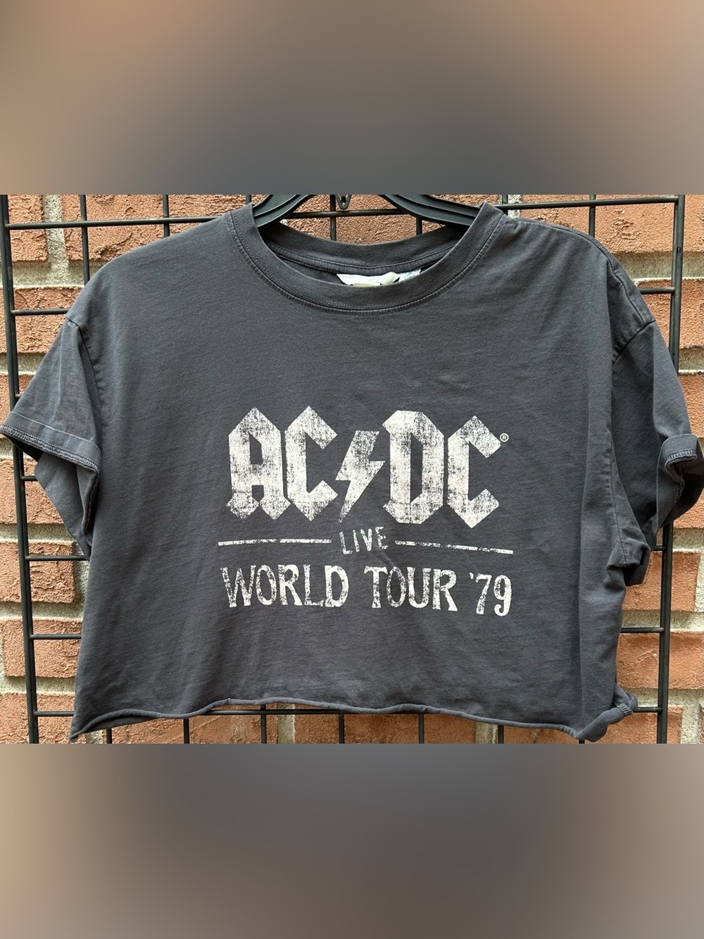AC/DC Black Tee with Distressed Crop Top White Logo